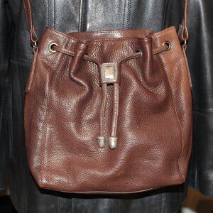 FOSSIL Vintage Brn Leather Drawstring Hobo Bucket Bag 75082 Silvertone Accents